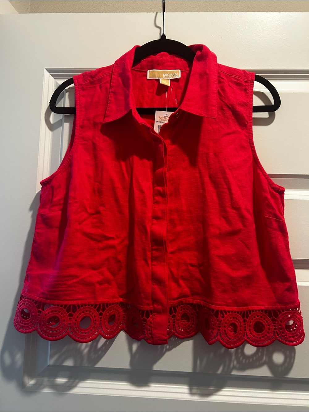 Michael Kors Bright Red Sleeveless Button Front Blouse with Crochet Hem